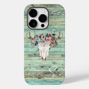 Rustige Westerne Turquoise Wood Deer Skull Monogra Case-Mate iPhone 14 Pro Hoesje