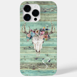 Rustige Westerne Turquoise Wood Deer Skull Monogra Case-Mate iPhone 14 Pro Max Hoesje