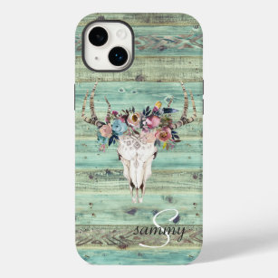 Rustige Westerne Turquoise Wood Deer Skull Monogra Case-Mate iPhone 14 Plus Hoesje