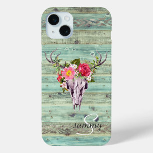 Rustige Westerne Turquoise Wood Deer Skull Monogra iPhone 15 Mini Hoesje