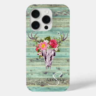 Rustige Westerne Turquoise Wood Deer Skull Monogra iPhone 15 Pro Case