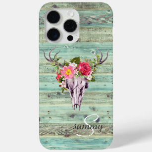 Rustige Westerne Turquoise Wood Deer Skull Monogra iPhone 15 Pro Max Hoesje