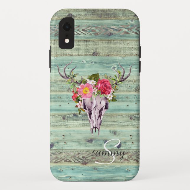 Rustige Westerne Turquoise Wood Deer Skull Monogra Case-Mate iPhone Hoesje (Achterkant)