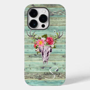 Rustige Westerne Turquoise Wood Deer Skull Monogra Case-Mate iPhone 14 Pro Hoesje