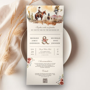 Rustige Westerse Cowboy Alles in Eén QR Code Huwel Drieluik Uitnodiging