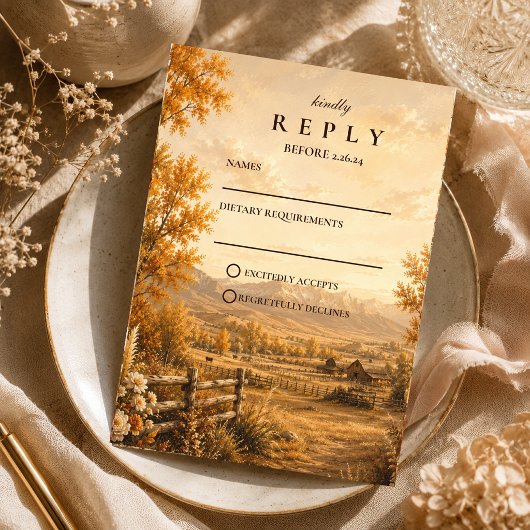 Rustige Westerse Herfst Bruiloft RSVP Kaartje