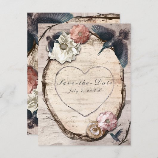 Rustige White Birch Floral & Hummingbird Save Date Aankondigingskaart (Voorkant / Achterkant)