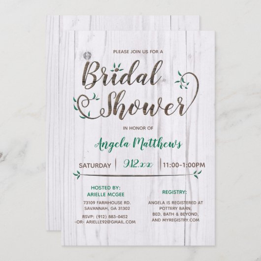Rustige White & Brown Wood Bridal Shower Invitatio Kaart (Voorkant / Achterkant)