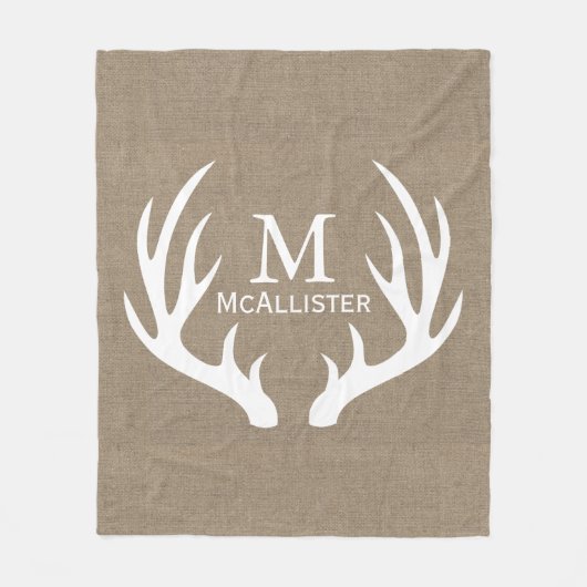 Rustige White Buck Antlers Faux Burlap Familienaam Fleece Deken (Voorkant)
