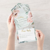 Rustige White en Blush Peonies Sage Green No Dinne All In One Uitnodiging (Afscheurbaar)