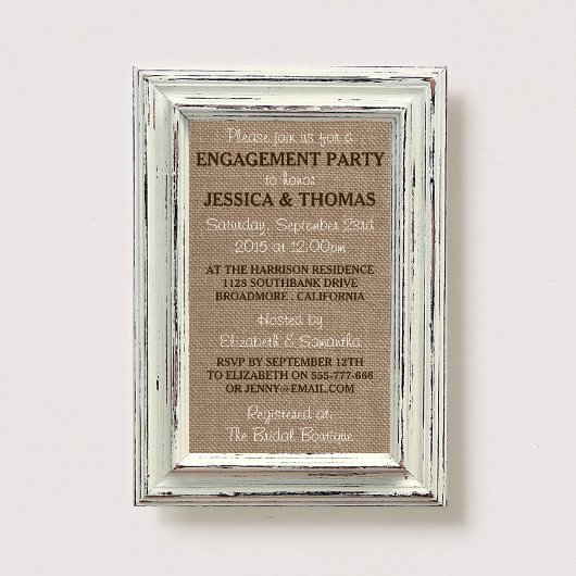 Rustige White Lijst & Burlap Engagement Party Kaart