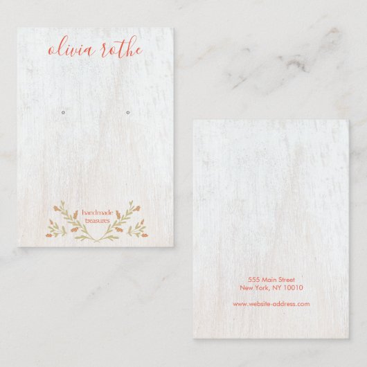 Rustige White Wood Floral Script Earring Display Visitekaartje (Voorkant / Achterkant)