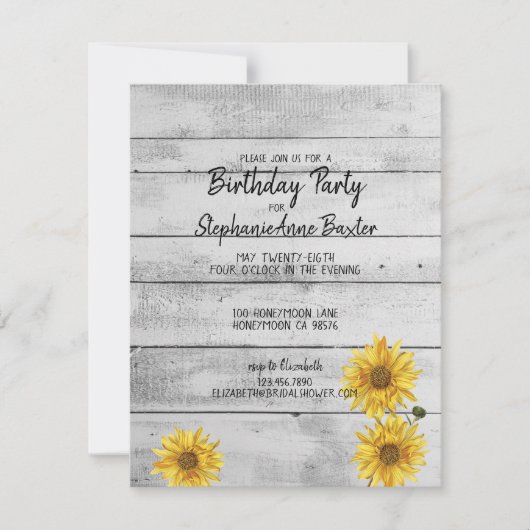 Rustige White Wood Sunflower Birthday Uitnodiging (Voorkant)
