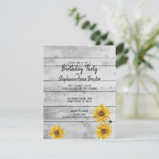 Rustige White Wood Sunflower Birthday Uitnodiging (Staand voorkant)