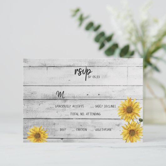 Rustige White Wood Sunflower Weddenschap RSVP-kaar RSVP Kaartje (Staand voorkant)