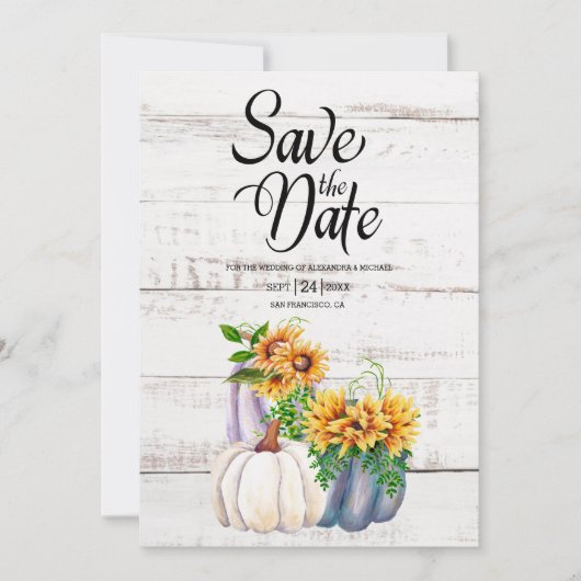 Rustige White Wood Waterverf Pumpkin Sunflower Save The Date (Voorkant)