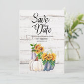 Rustige White Wood Waterverf Pumpkin Sunflower Save The Date (Staand voorkant)