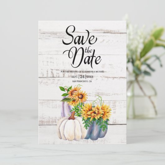 Rustige White Wood Waterverf Pumpkin Sunflower Save The Date (Staand voorkant)