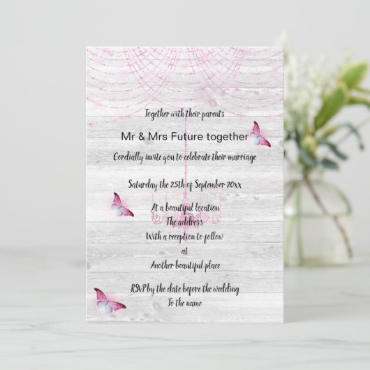 Rustige  Whitespoed Pink Butterfly Wedding Kaart (Staand voorkant)