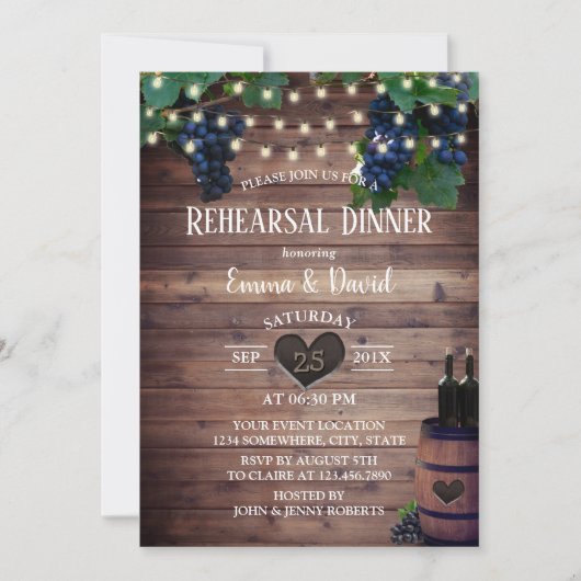 Rustige Wijn Barrel Vineyard Rehearsal Dinner Kaart (Voorkant)