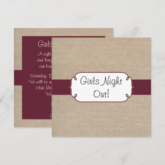 Rustige wijn en beige Burlap Girls Night Out Kaart (Voorkant / Achterkant)