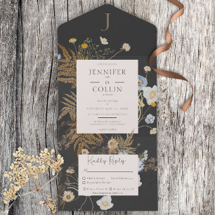 Rustige Wildbloemen Monogram Charcoal Black Dinner All In One Uitnodiging