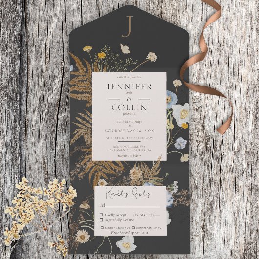 Rustige Wildbloemen Monogram Charcoal Black Dinner All In One Uitnodiging