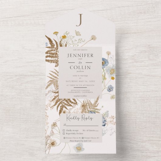 Rustige Wildbloemen Monogram Cream Dinner All In One Uitnodiging (Binnen)