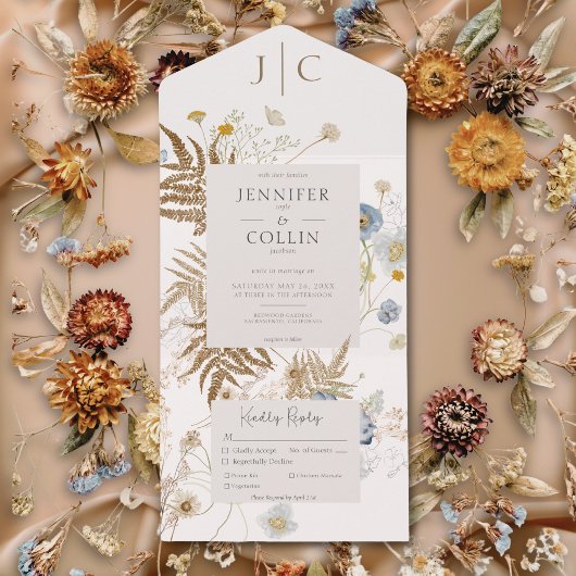 Rustige Wildbloemen Monogram Cream Dinner All In One Uitnodiging