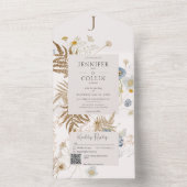 Rustige Wildbloemen Monogram op Cream QR Code All In One Uitnodiging (Binnen)