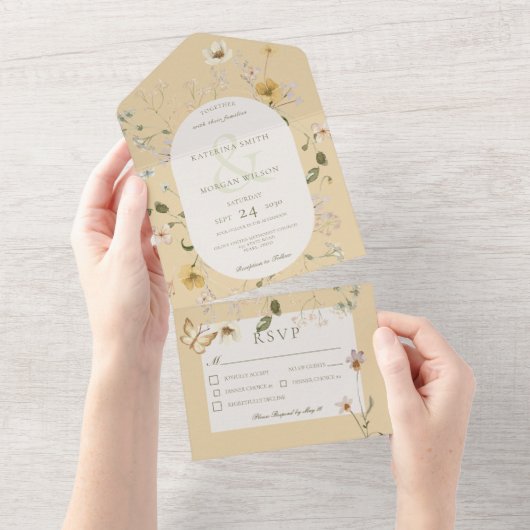 Rustige wilde bloem Lijst Geel diner All In One Uitnodiging (Afscheurbaar)