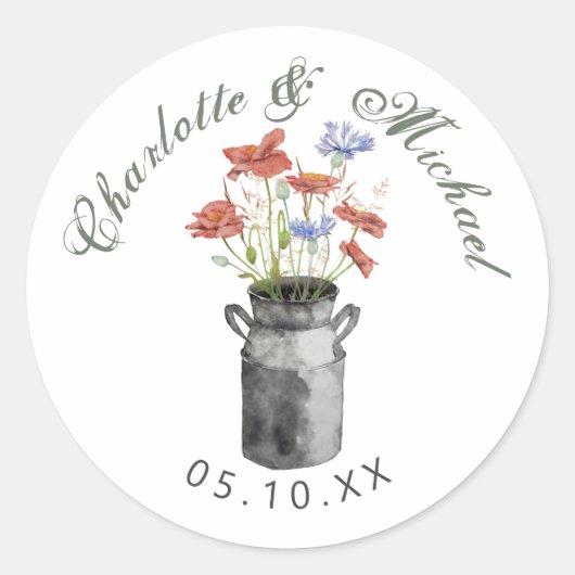Rustige wilde bloemen in de emmer bruiloft ronde sticker (Voorkant)