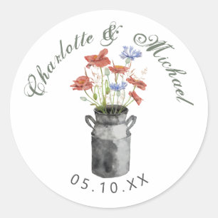 Rustige wilde bloemen in de emmer bruiloft ronde sticker