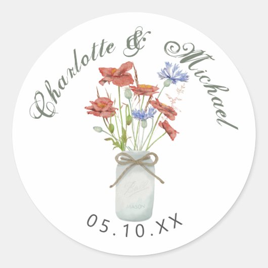 Rustige wilde bloemen in witte bal jar trouwklasse ronde sticker (Voorkant)