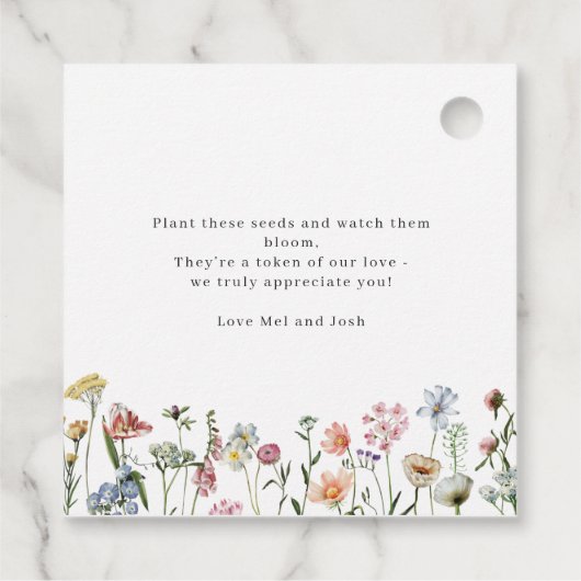 Rustige wilde bloemen laten liefhebben weduwzaad v bedankjes labels (Achterkant)