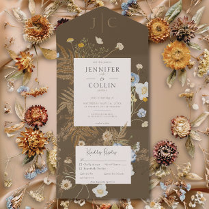 Rustige wilde bloemen Monogram bruin diner All In One Uitnodiging