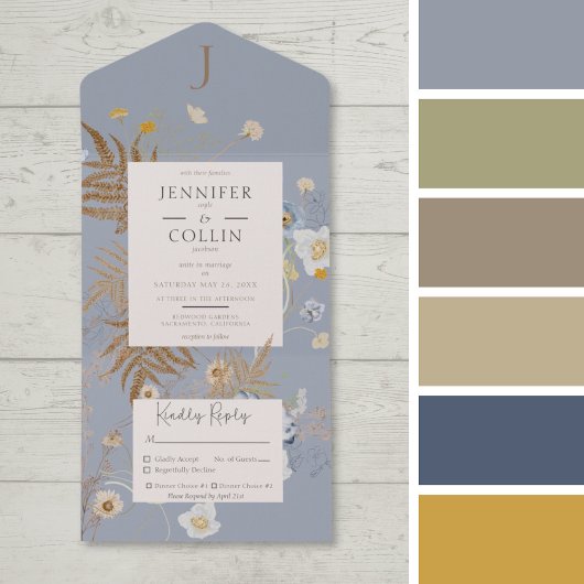 Rustige wilde bloemen Monogram Dusty Blue Dinner All In One Uitnodiging