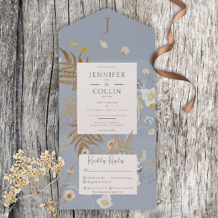 Rustige wilde bloemen Monogram Dusty Blue Dinner All In One Uitnodiging
