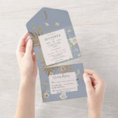 Rustige wilde bloemen Monogram Dusty Blue Dinner All In One Uitnodiging (Afscheurbaar)