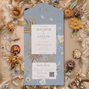 Rustige wilde bloemen Monogram Stusty Blue QR Code All In One Uitnodiging