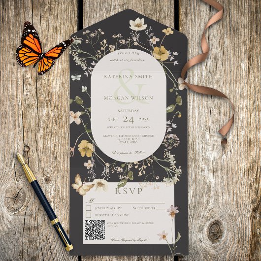 Rustige Wilde Lijst Zwarte QR-code All In One Uitnodiging