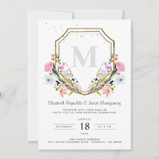 Rustige Wildflower Elegant Gold Crest Wedding Kaart (Voorkant)