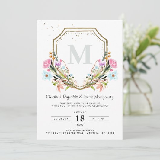 Rustige Wildflower Elegant Gold Crest Wedding Kaart (Staand voorkant)