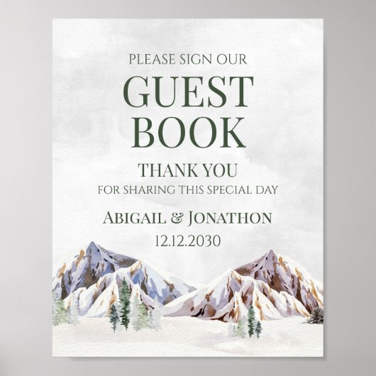 Rustige winter berg bruiloft gastboek bord poster (Voorkant)