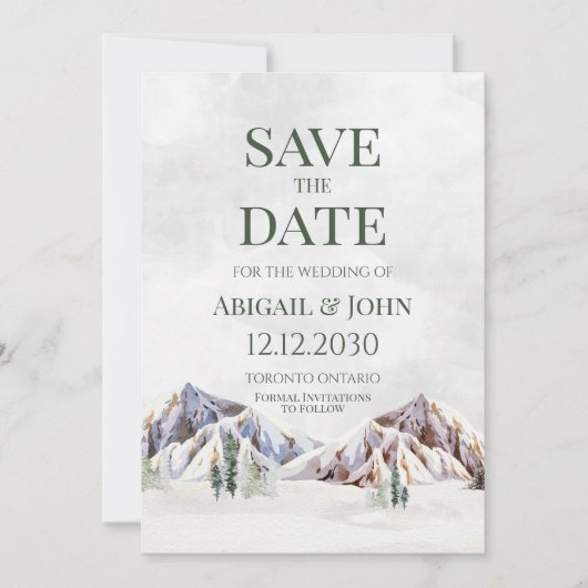Rustige winter berg bruiloft save the date kaart (Voorkant)