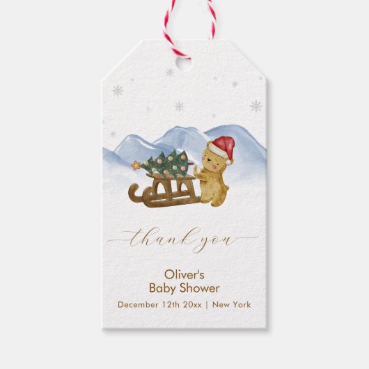 Rustige Winter Berg Slee Baby Shower Cadeaulabel (Voorkant)