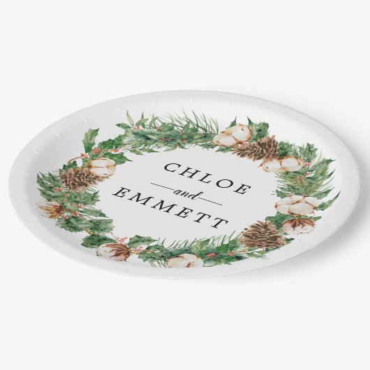 Rustige winter Botanische Wreath Custom Wedding Papieren Bordje (Gekanteld)