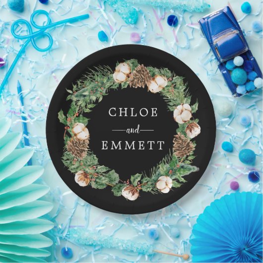 Rustige winter Botanische Wreath Custom Wedding Papieren Bordje (Feest)