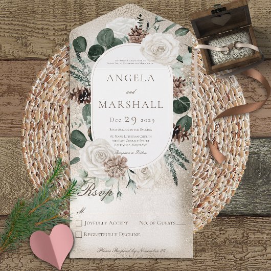 Rustige winter Floral Gold No Dinner All In One Uitnodiging