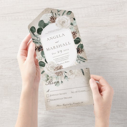 Rustige winter Floral Gold No Dinner All In One Uitnodiging (Afscheurbaar)